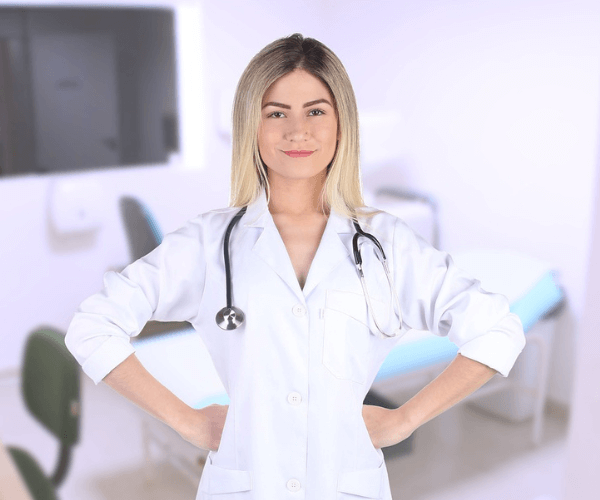 young female doctor with stethoscope and lab coat